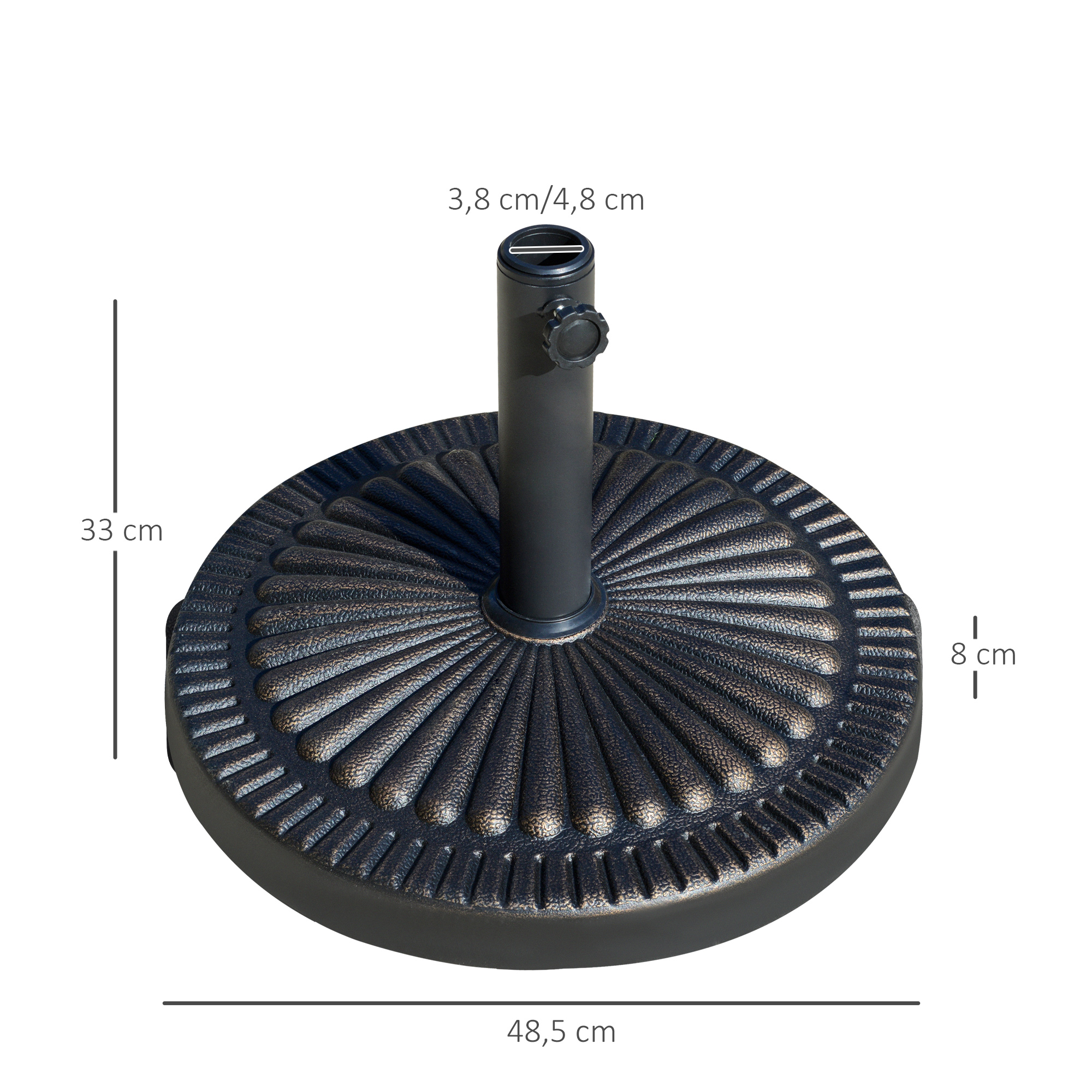 Base para guarda-sol de jardim Outsunny, peso líquido 14,28 kg, suporte redondo para guarda-sol, adequado para hastes de 38 mm/48 mm, resina e aço, para terraço, pátio ou área externa, Ø48,5 x 33 cm, bronze.
