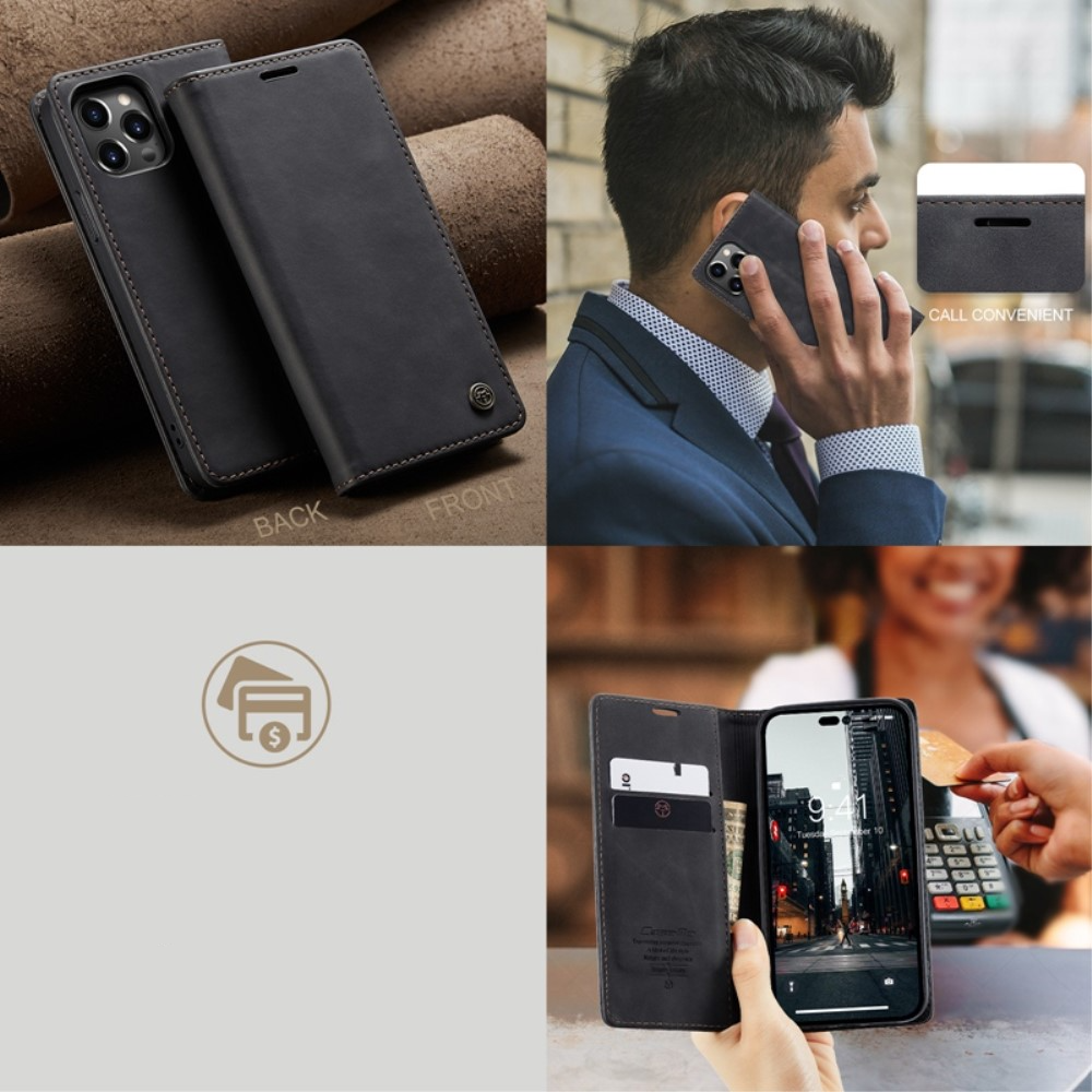 iPhone 14 Pro Leder Tasche Flip Wallet Etui mit Kartenfächern - Schwarz