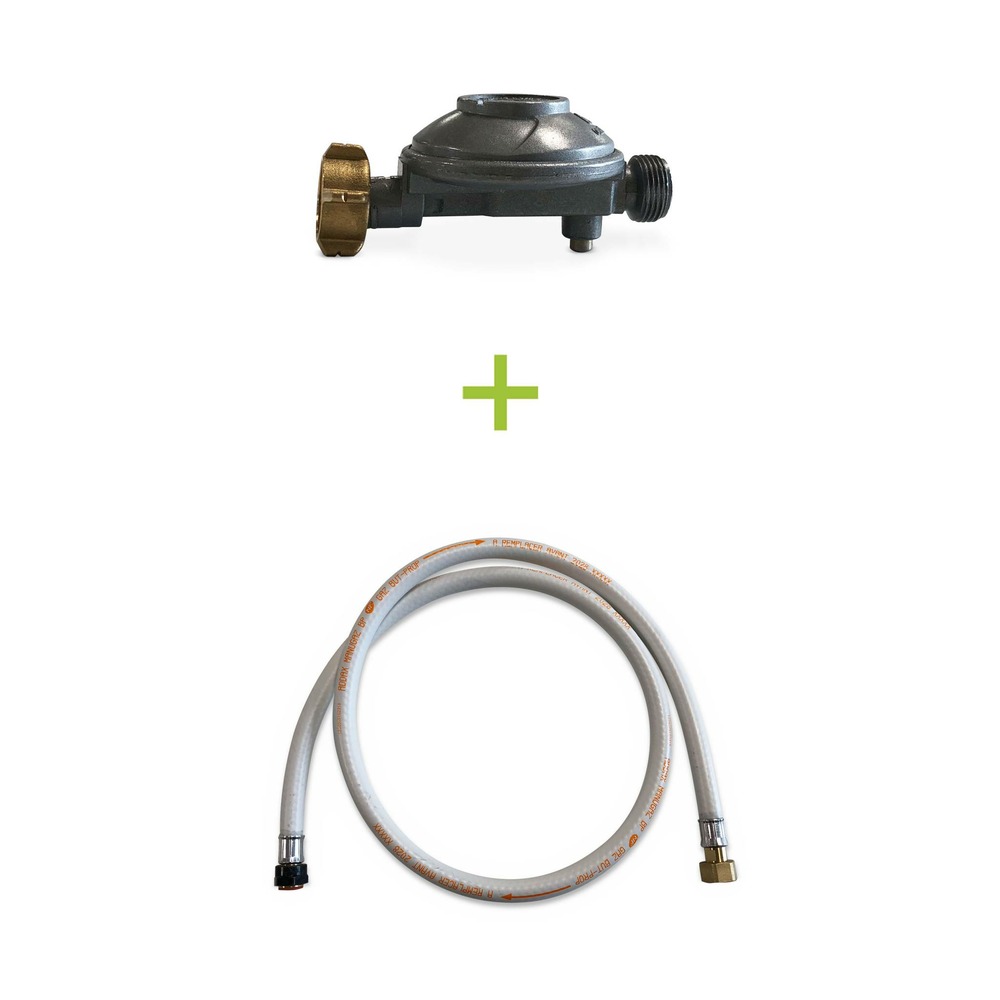 Kit tuyau flexible de gaz 1.5 m à embouts mécaniques + détendeur quick-on ø20mm butane 28mbar 1.3kg/h. Raccord rapide – normes nf