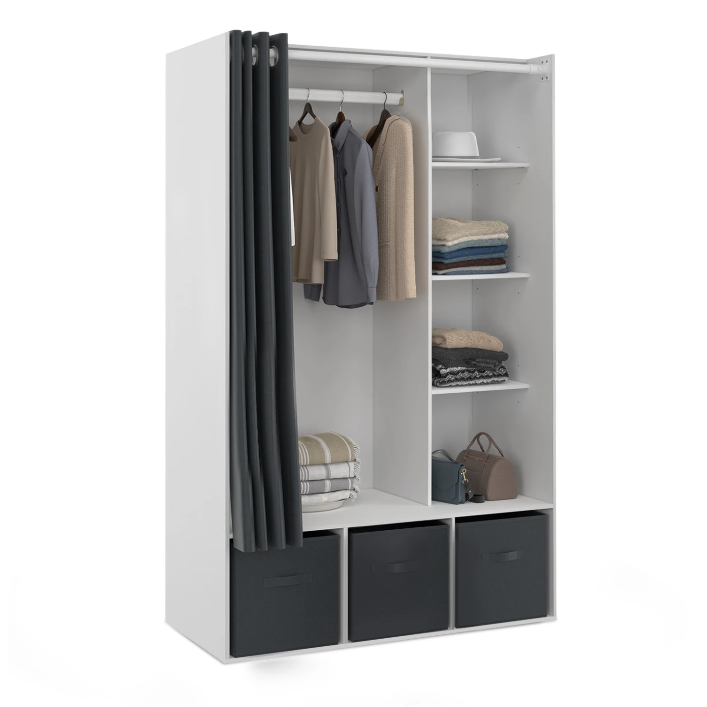 Dressing penderie DIANE 105 x 50 x 172 cm blanc avec étagères + boites de rangement + rideau gris