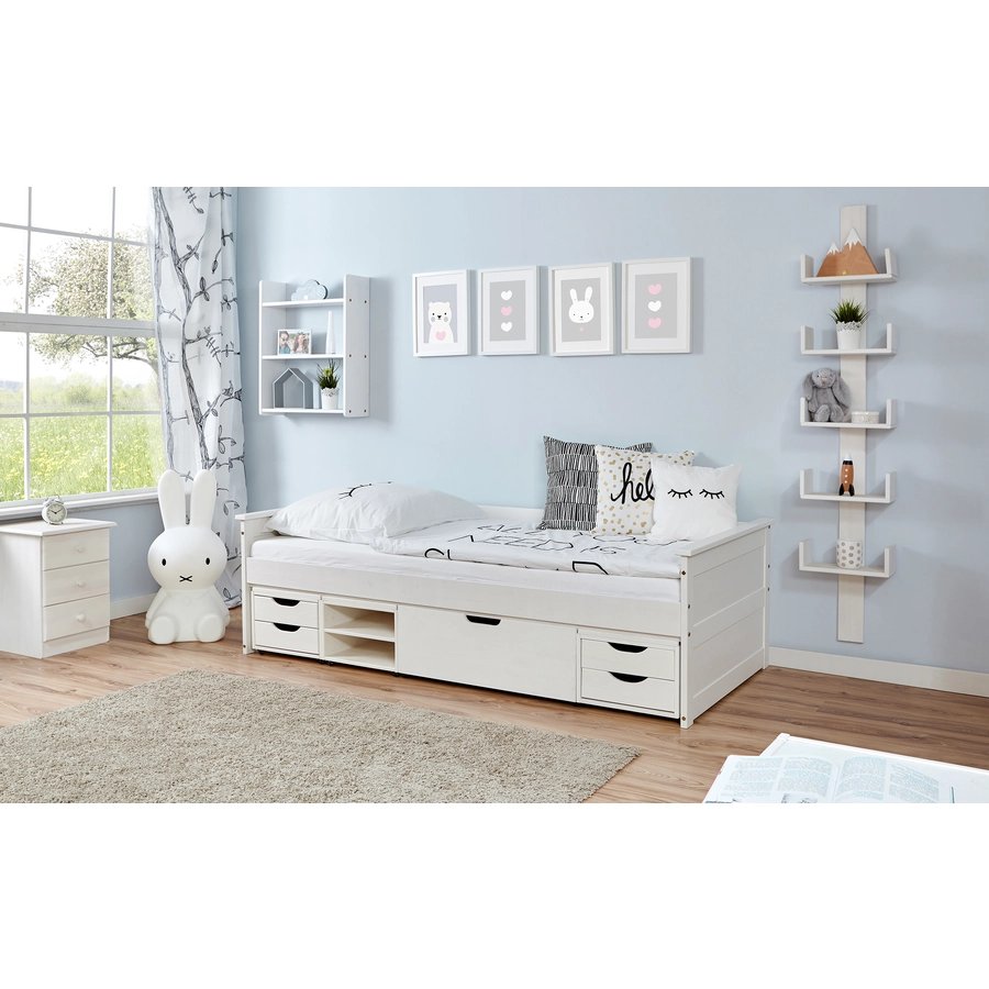 TiCAA Sofabett Theodor 90 x 200 cm Kiefer weiß mit 4 Funktionsschubladen