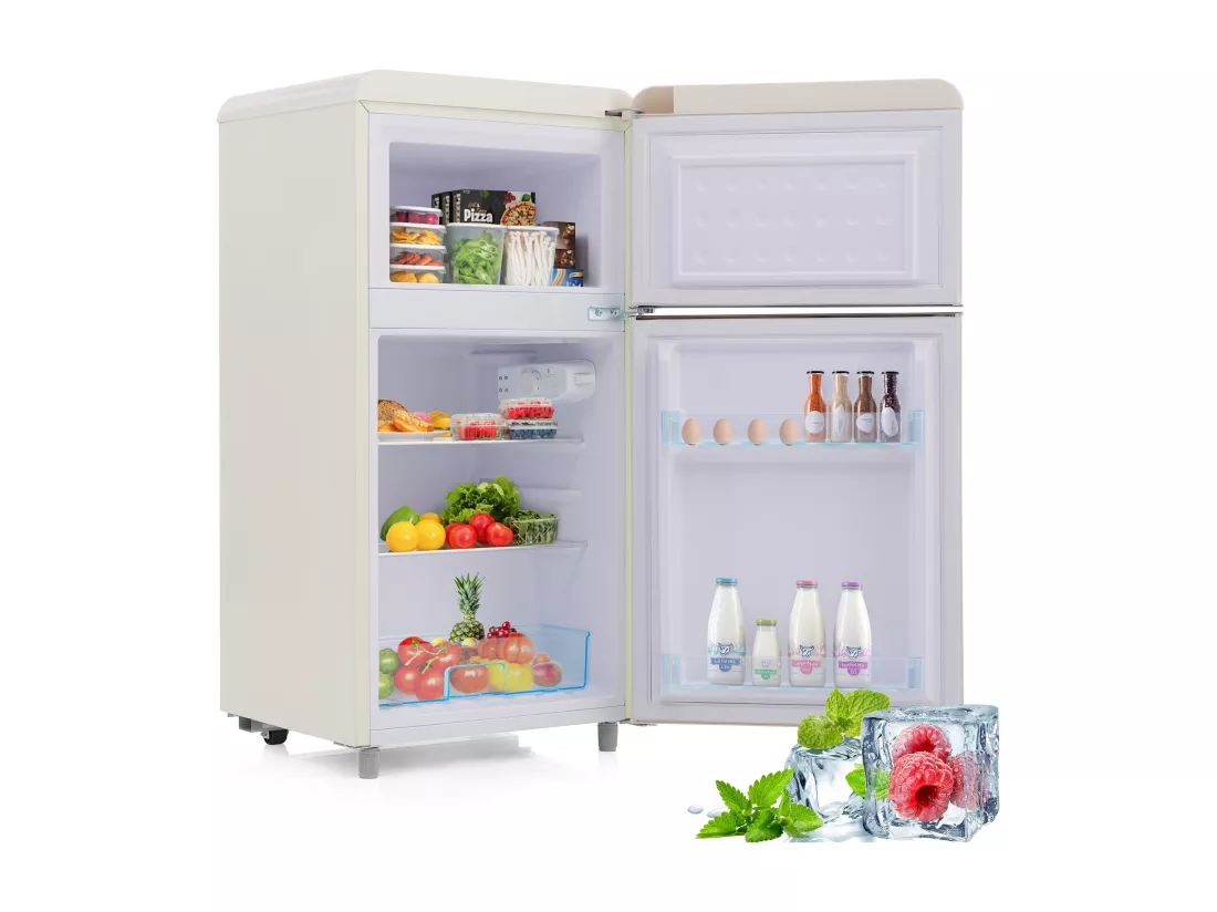 Réfrigérateur rétro, réfrigérateur à double porte supérieure et inférieure, volume total de 72 litres, avec volume de congélation de 21 litres, 120 kWh/an, éclairage LED