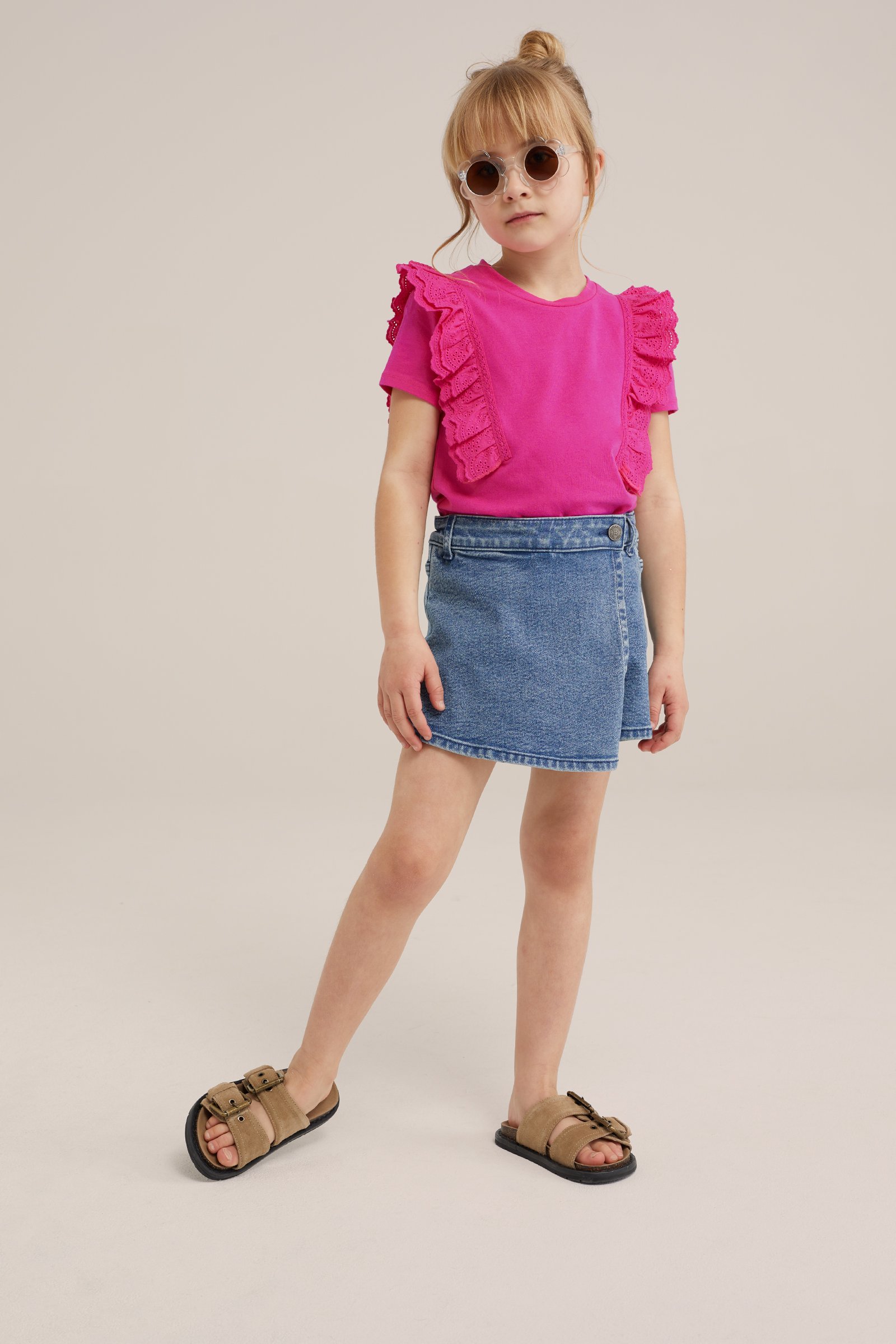 Meisjes T-shirt met ruches WE Fashion Felroze