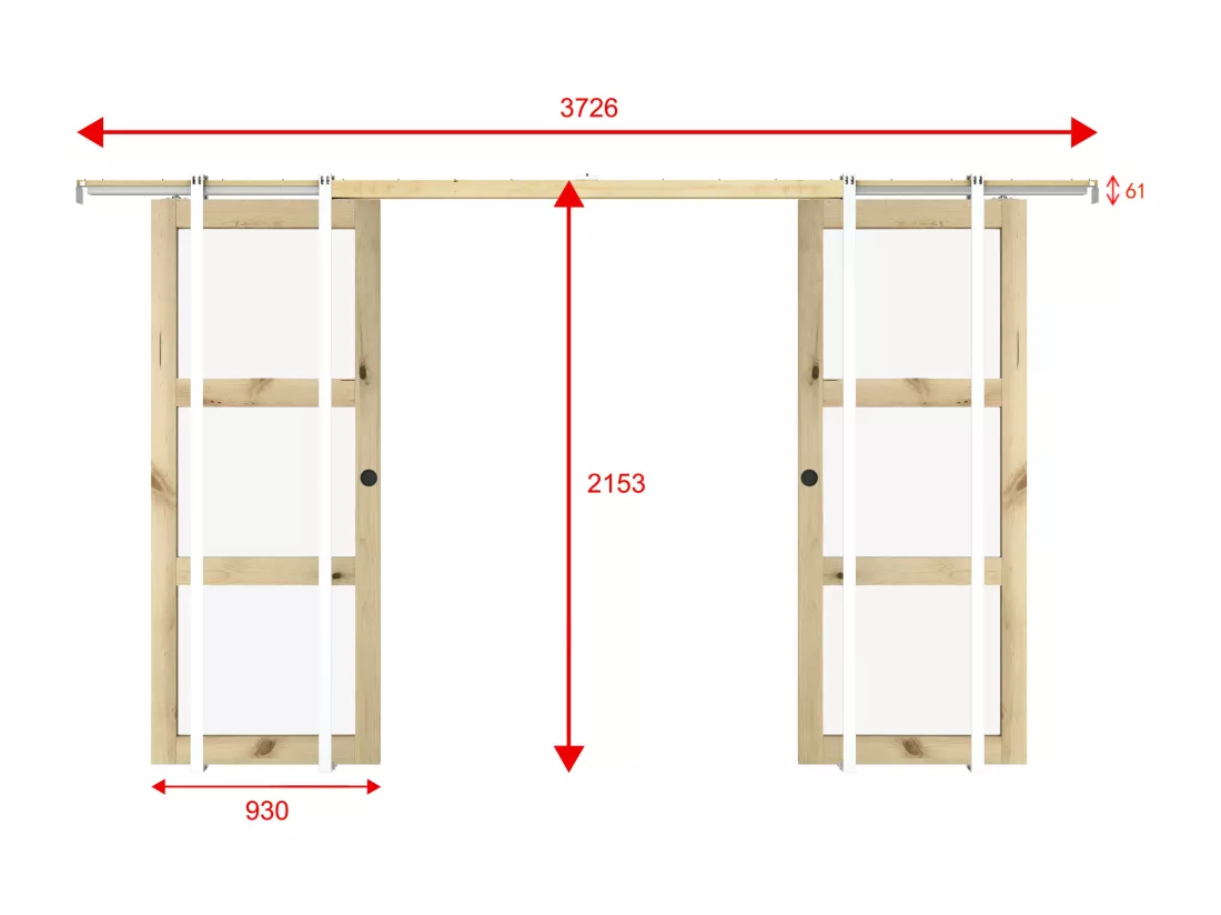 Porte coulissante double avec système à galandage en bois et verre trempé dépoli - 3 fenêtres - 2 x H205 x L93 cm - ACOSTA II