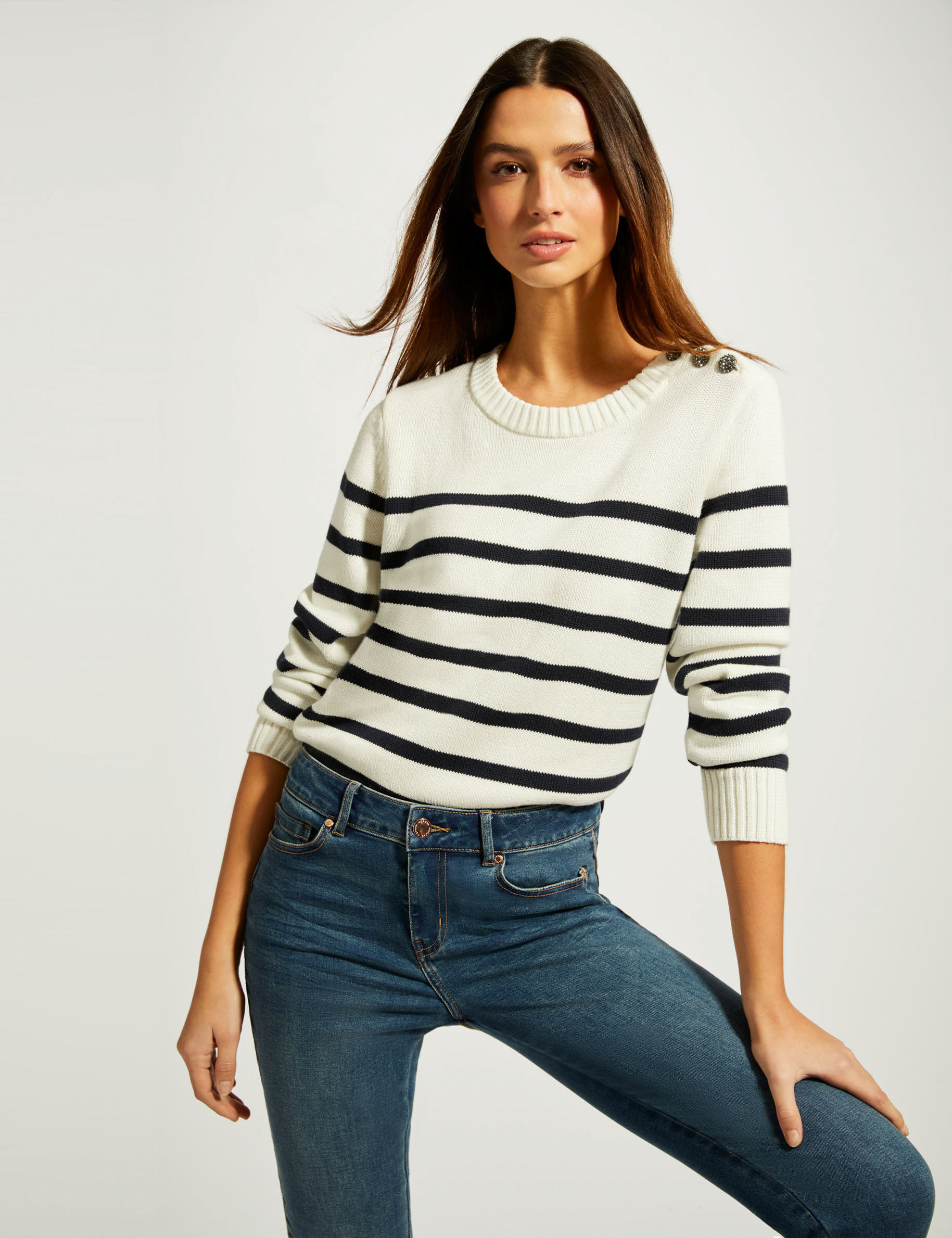 Pull manches longues à rayures ivoire femme - ivoire