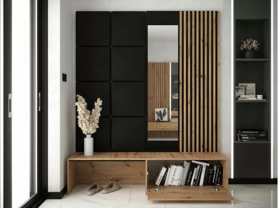 Meuble d'entrée Hartford 322, 205x172x42cm, Miroir, Chêne Artisan|Noir, À poser