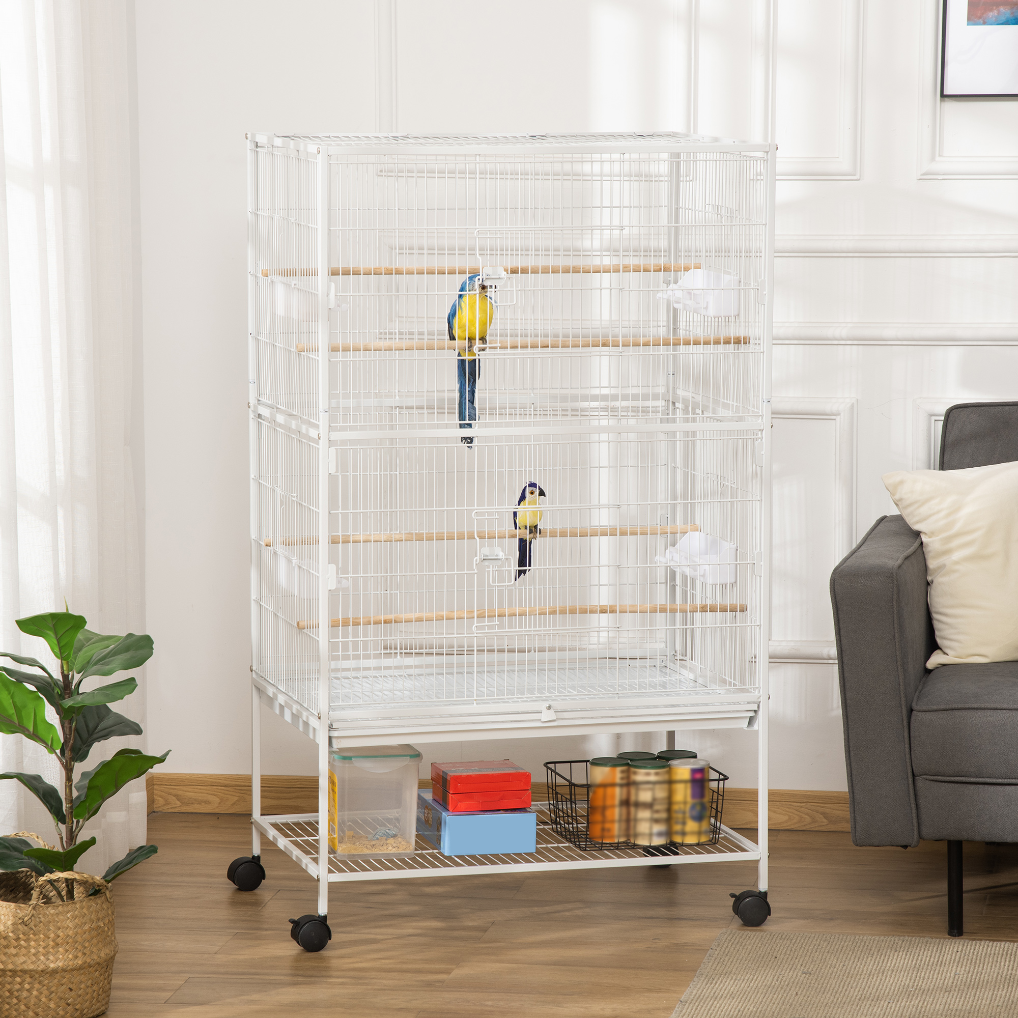 Gaiola para pássaros PawHut com rodas, 78x52x132 cm, em metal, com bandeja removível, 4 portas, 4 comedouros, 4 poleiros e prateleira de armazenamento para canários e periquitos, branca.