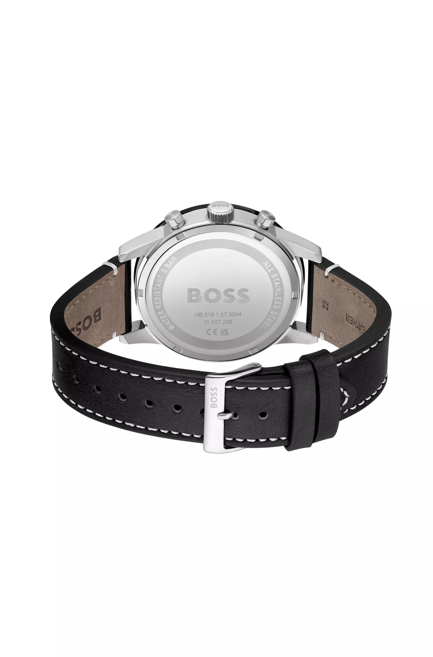Relógio cronógrafo BOSS com mostrador laranja e preto e pulseira de couro perfurada.