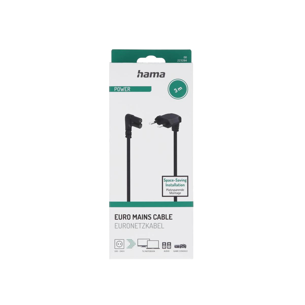 Hama Angled Euro Plug kabel 3 m (sort)