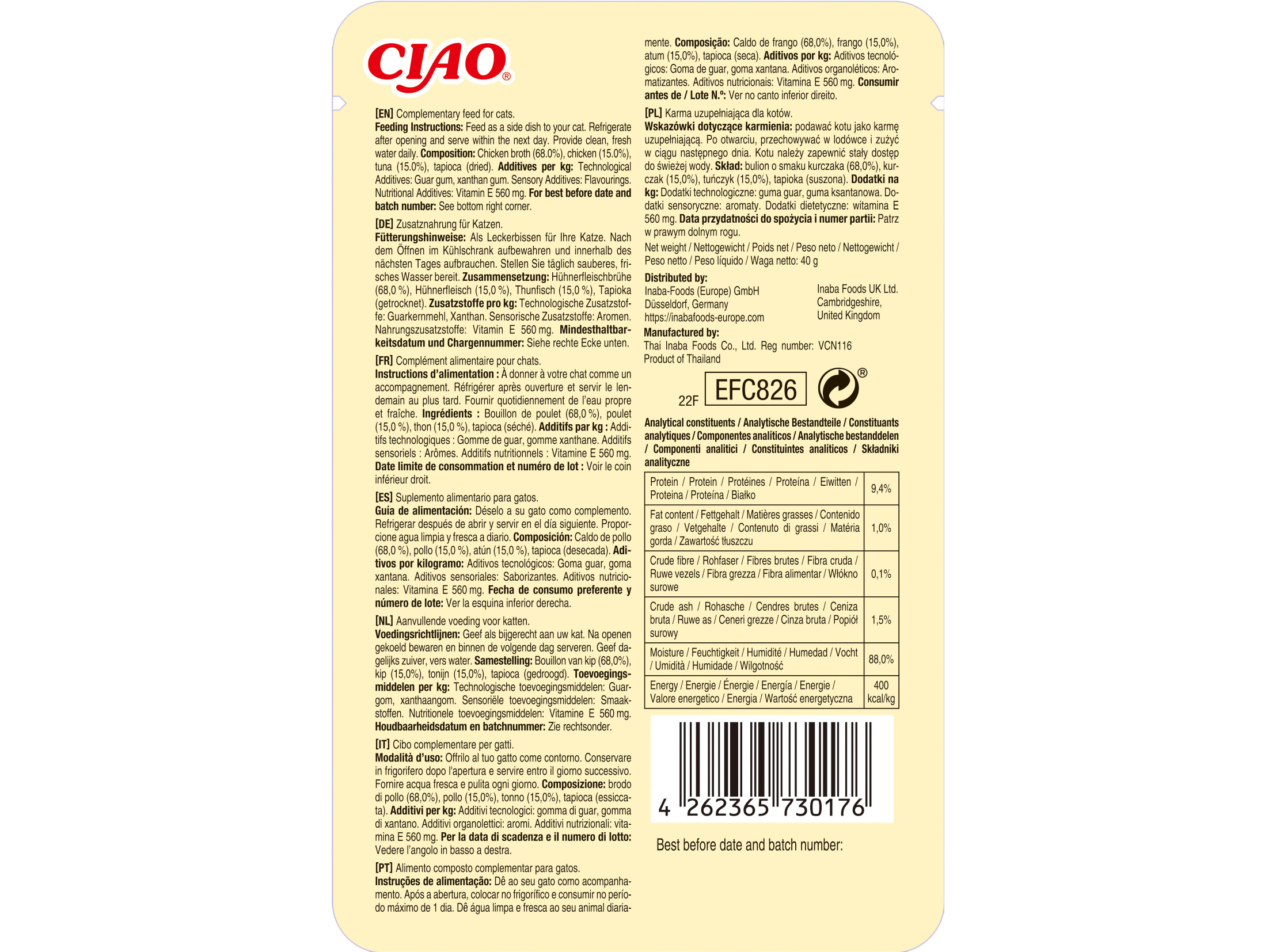 COMIDA HÚMIDA GATO CIAO BROTH FRANGO E ATUM 40G