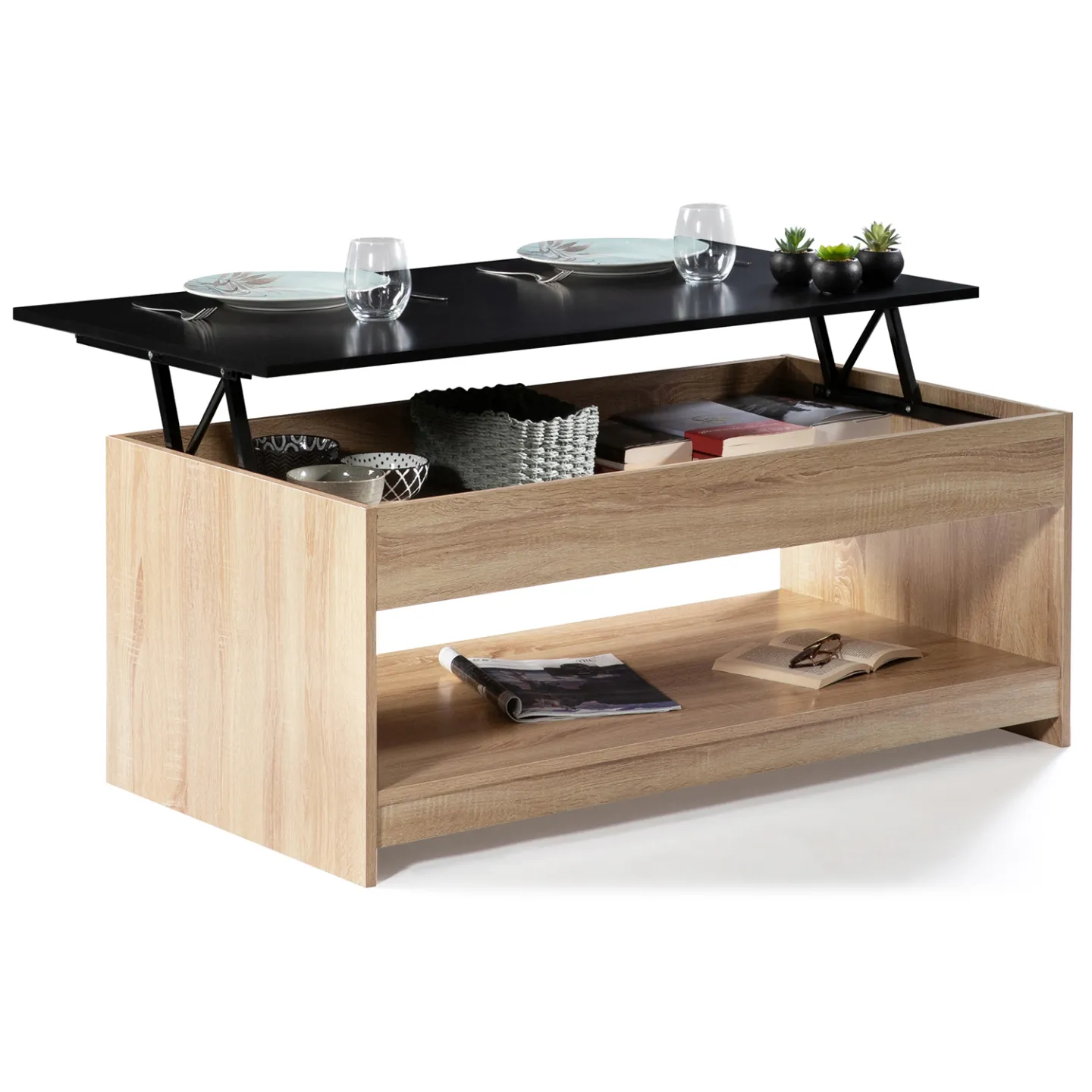 Table basse plateau relevable rectangulaire SOA bois imitation hêtre plateau noir