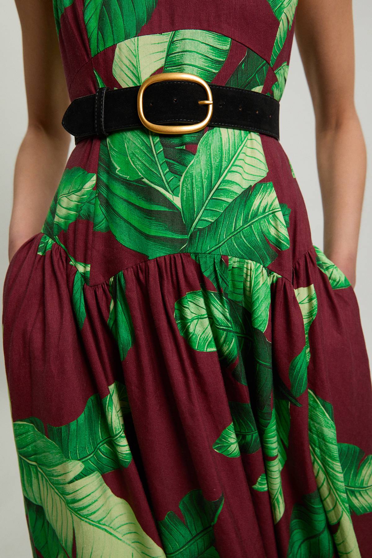 KarenMillen Robe Midi Tissée À Taille Basse Ceinturée En Viscose Lin Motif Palmiers Petite