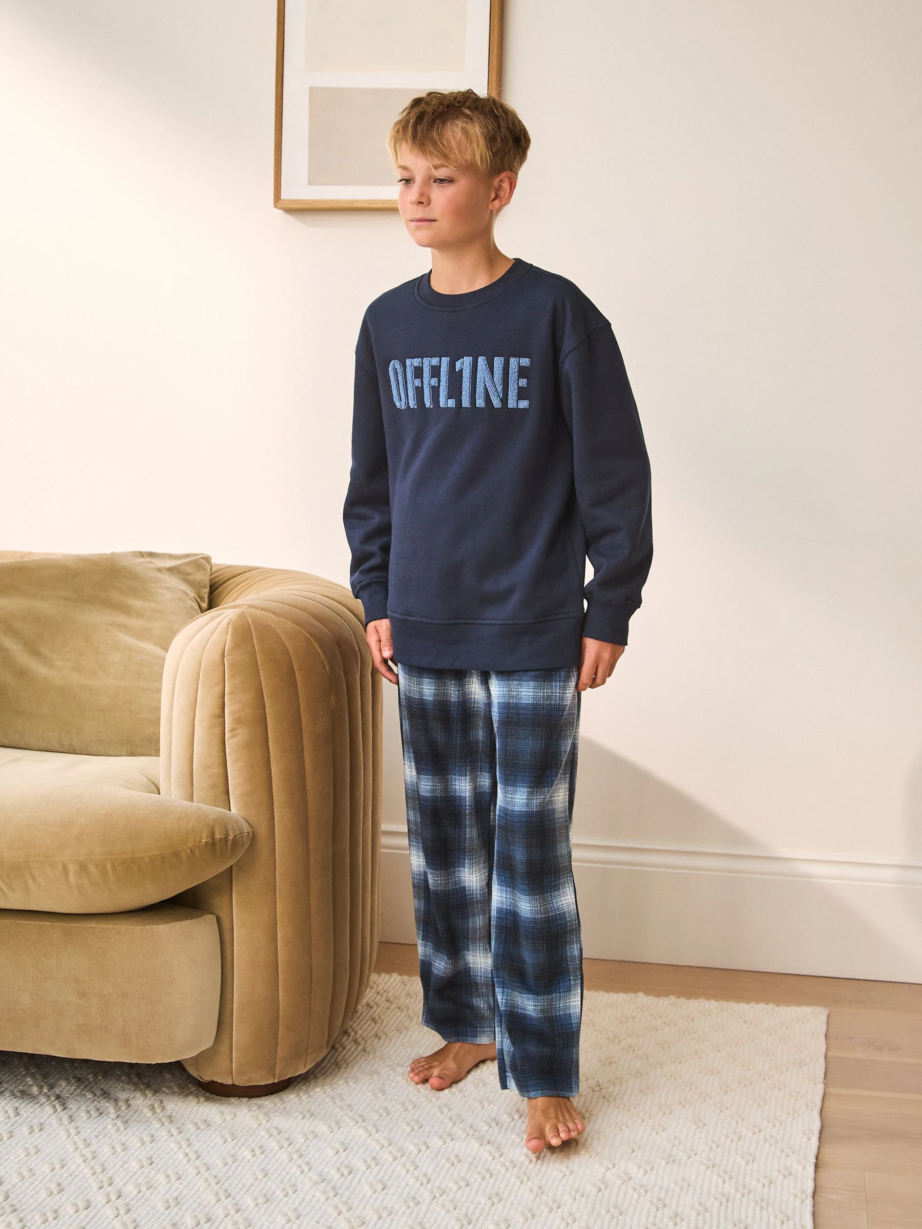 Marineblauw geruit - Enkele behaaglijke fleece pyjama (3 - 16 jr)
