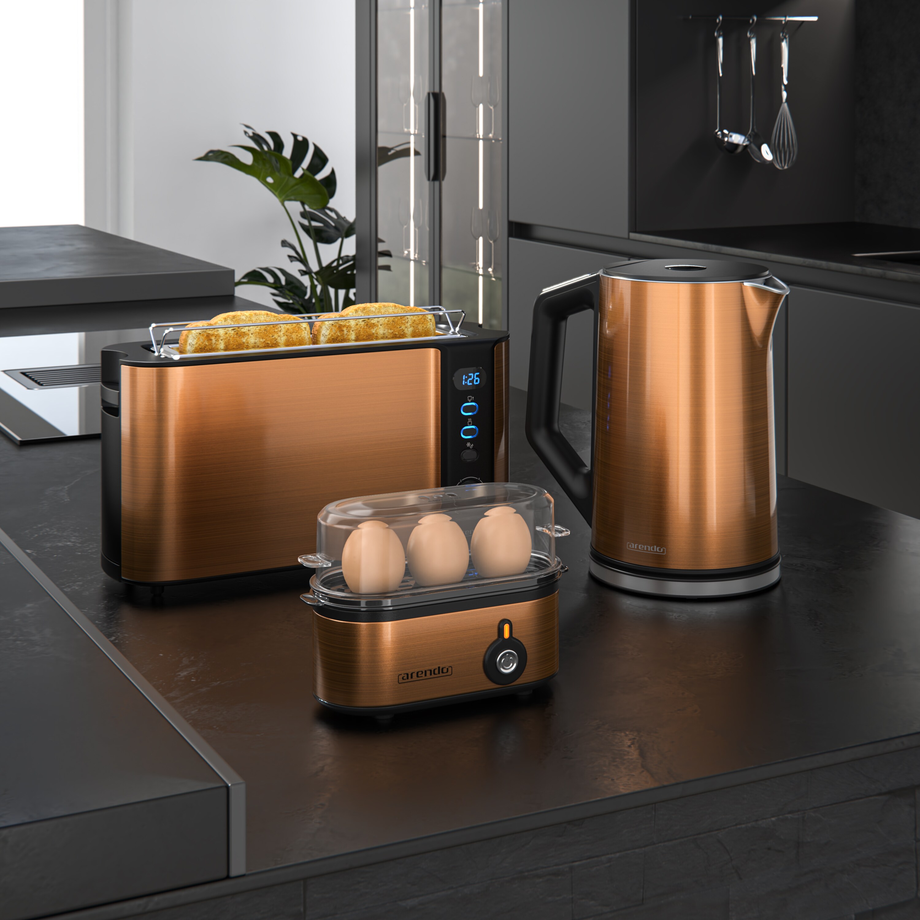 Arendo 2-teiliges Frühstücksset, 7er Eierkocher SEVENCOOK, Edelstahl Wasserkocher 1,5L, Silber