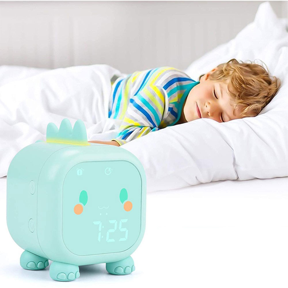 LED Kinder Wecker Tischuhr Dinosaurier mit Sonnenaufgang / Sonnenuntergang   Nachtlicht - Blau