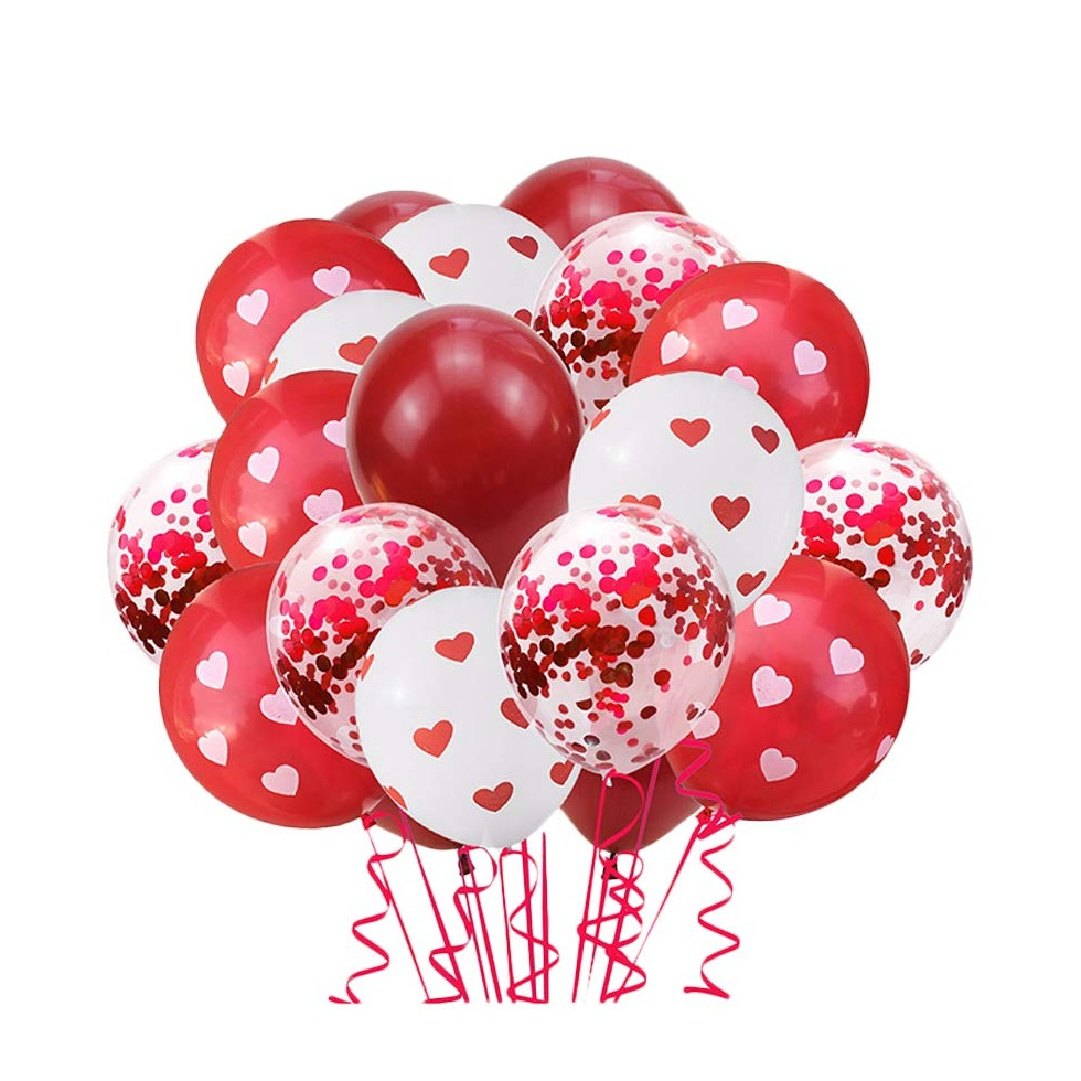 (60er Set) Ø30cm Party Ballons Deko Latex Luftballons mit Herzen   Konfetti - Weiss / Rot