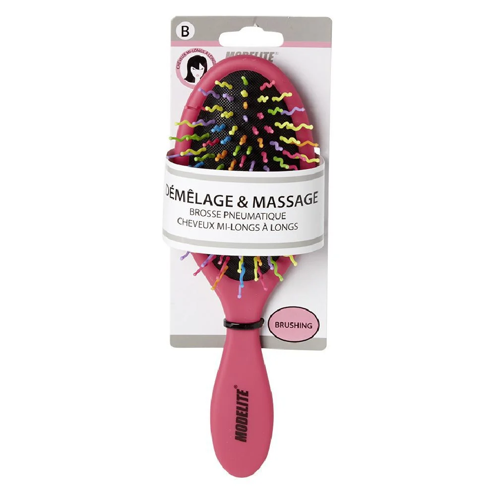 Brosse pneumatique ovale picots perlés pvc multicolore fuchsia