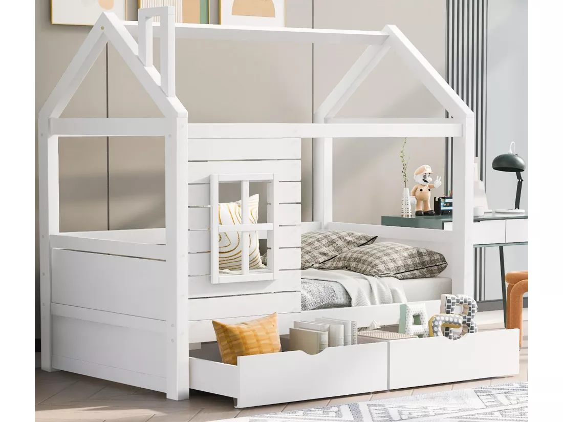 Lit cabane 80x160 cm avec 2 tiroirs - en forme de maison - en bois massif - Blanc