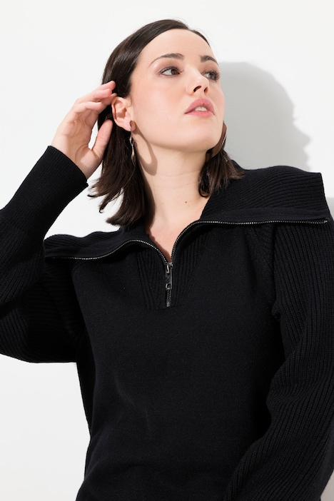 Troyer, gerippter Stehkragen, Zipper, Raglan-Langarm