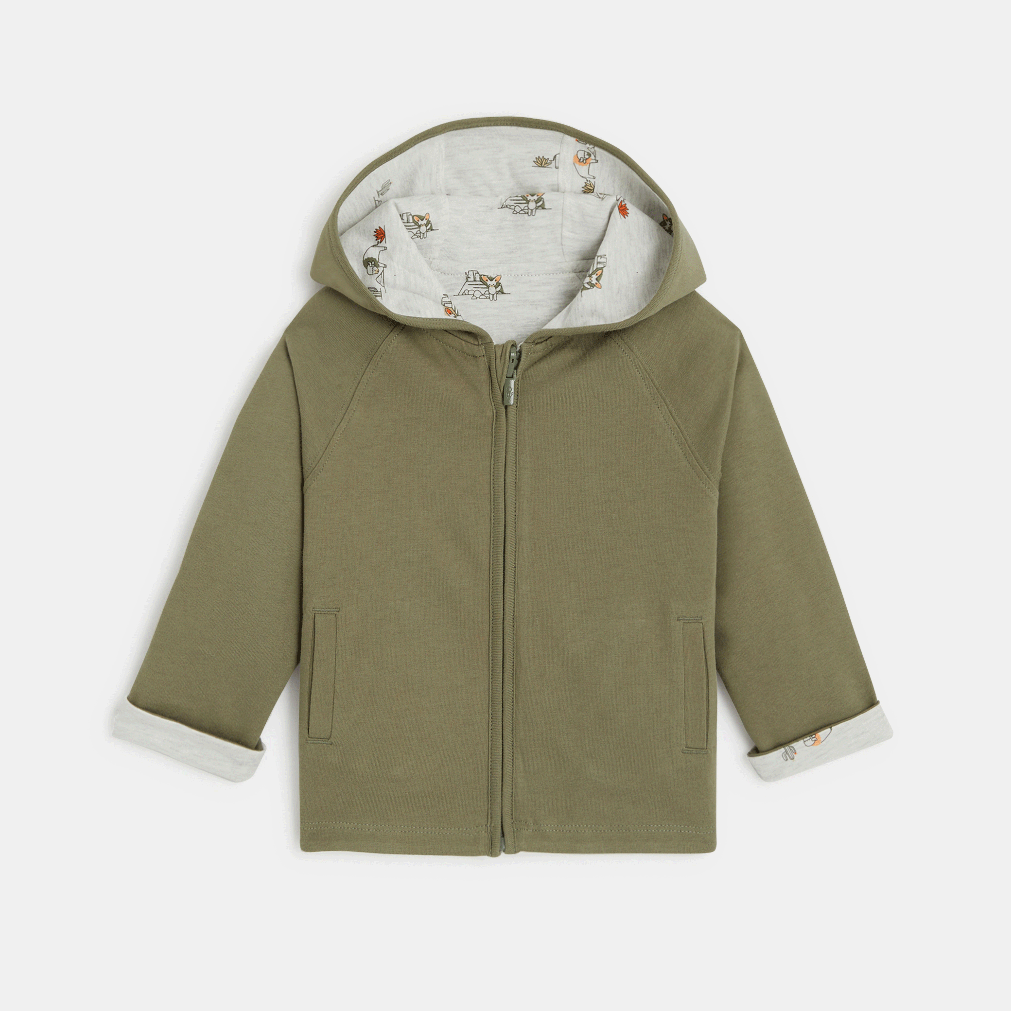 Sweat zippé à capuche réversible vert bébé garçon