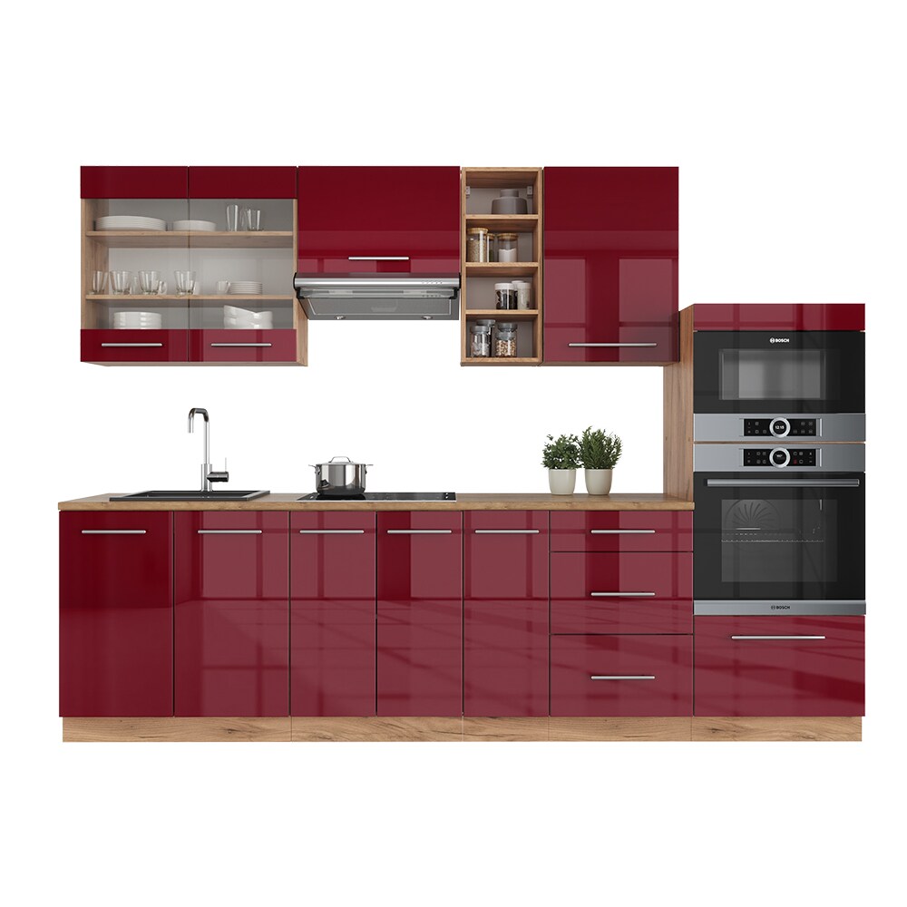 Vicco Küchenzeile Küchenblock Einbauküche Fame-Line Eiche Bordeaux Rot 280 cm modern Spülenunterschrank Unterschrank Schubunterschrank Hängeschrank Mikrowellenschrank Apothekerunterschrank