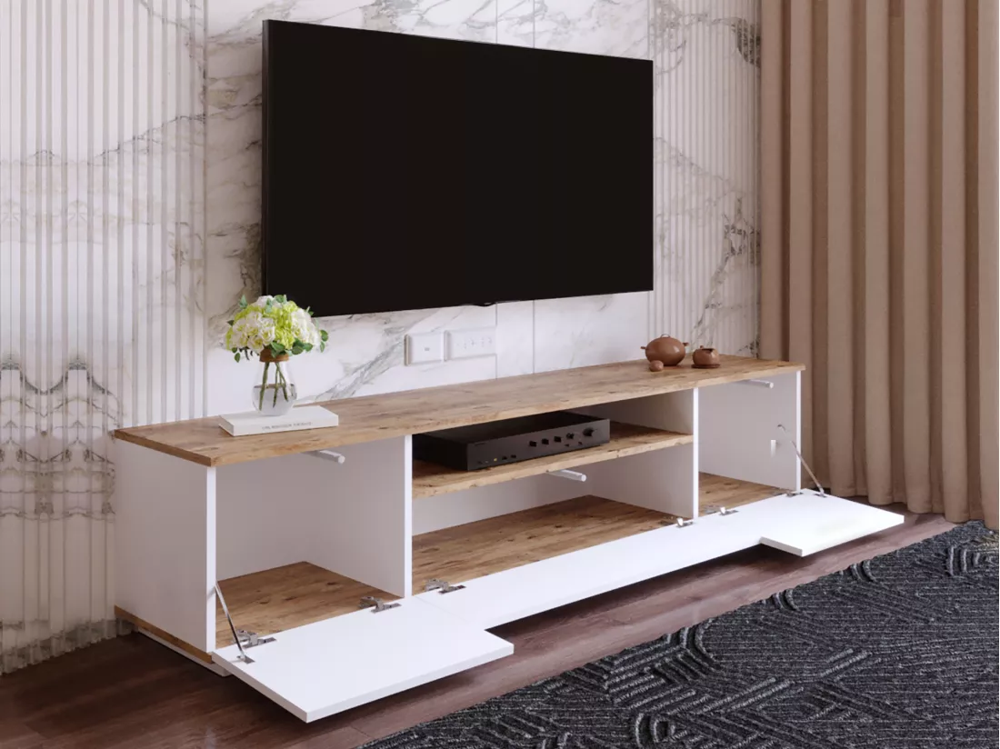 Meuble TV avec 3 portes et 1 niche - Blanc et naturel - LOTULA