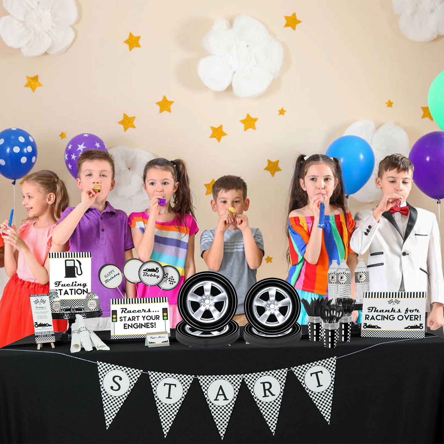 (168-tlg. Set) Einweg Geschirr Kinder Party Tisch Deko inkl. Teller / Servietten / Papp Becher / Besteck - Rennstrecke