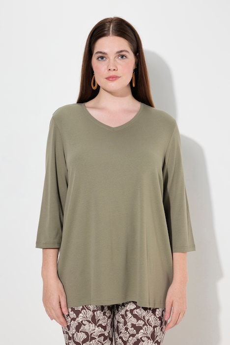 Shirt, Rippjersey, V-Ausschnitt, 3/4-Arm, Biobaumwolle