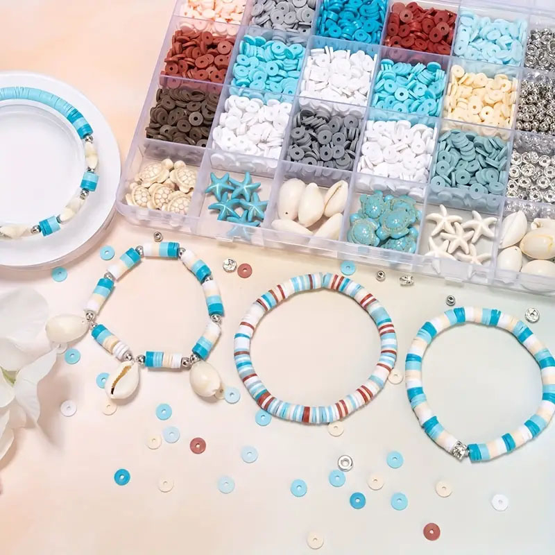 (2680-tlg. Set) Flache Gummi Perlen DIY Bastel Schmuck Muschel Zwischenperle für Armband / Kette - Blau / Weiss