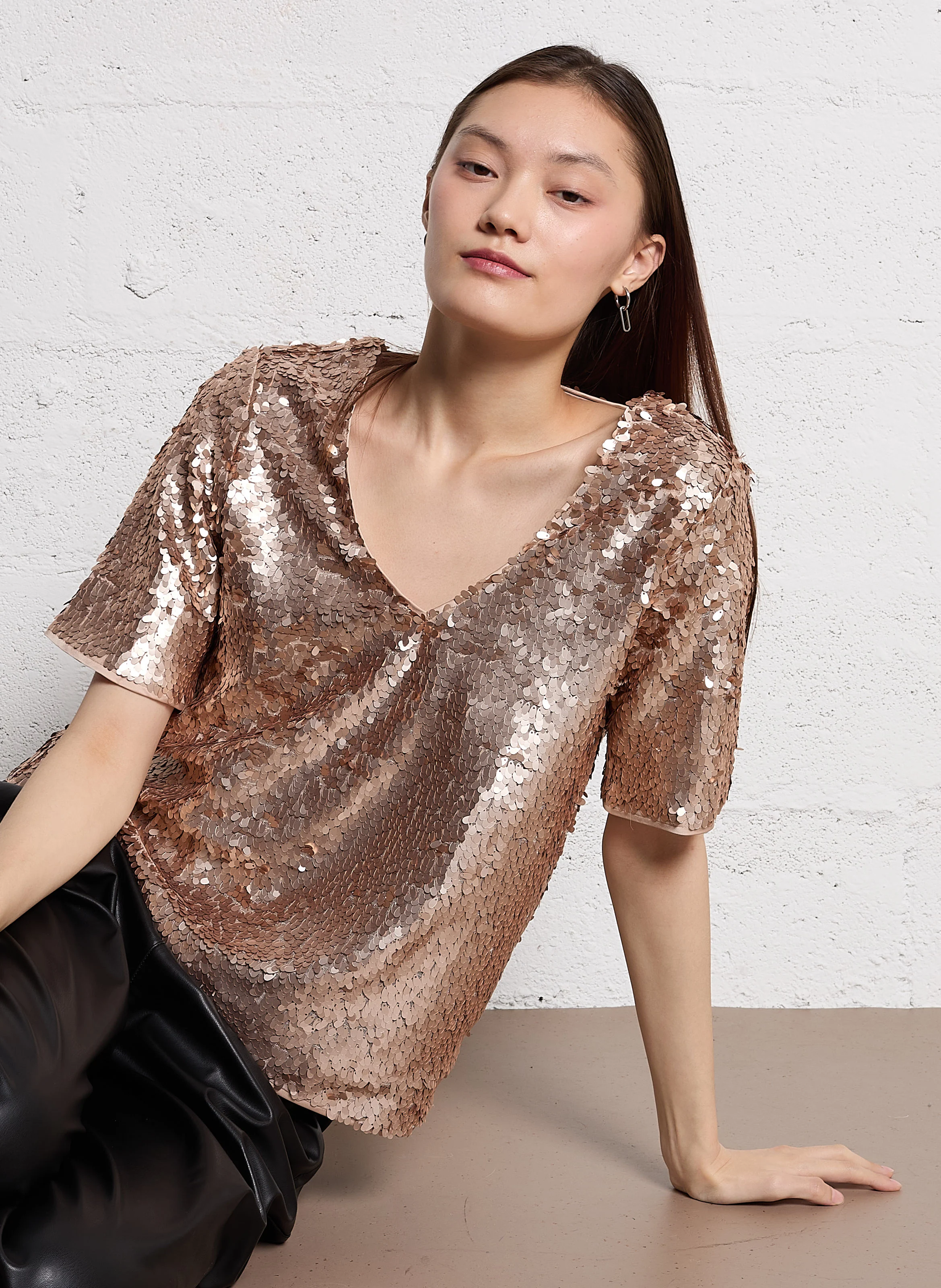 CHANA - Top manches courtes à sequins | Marron