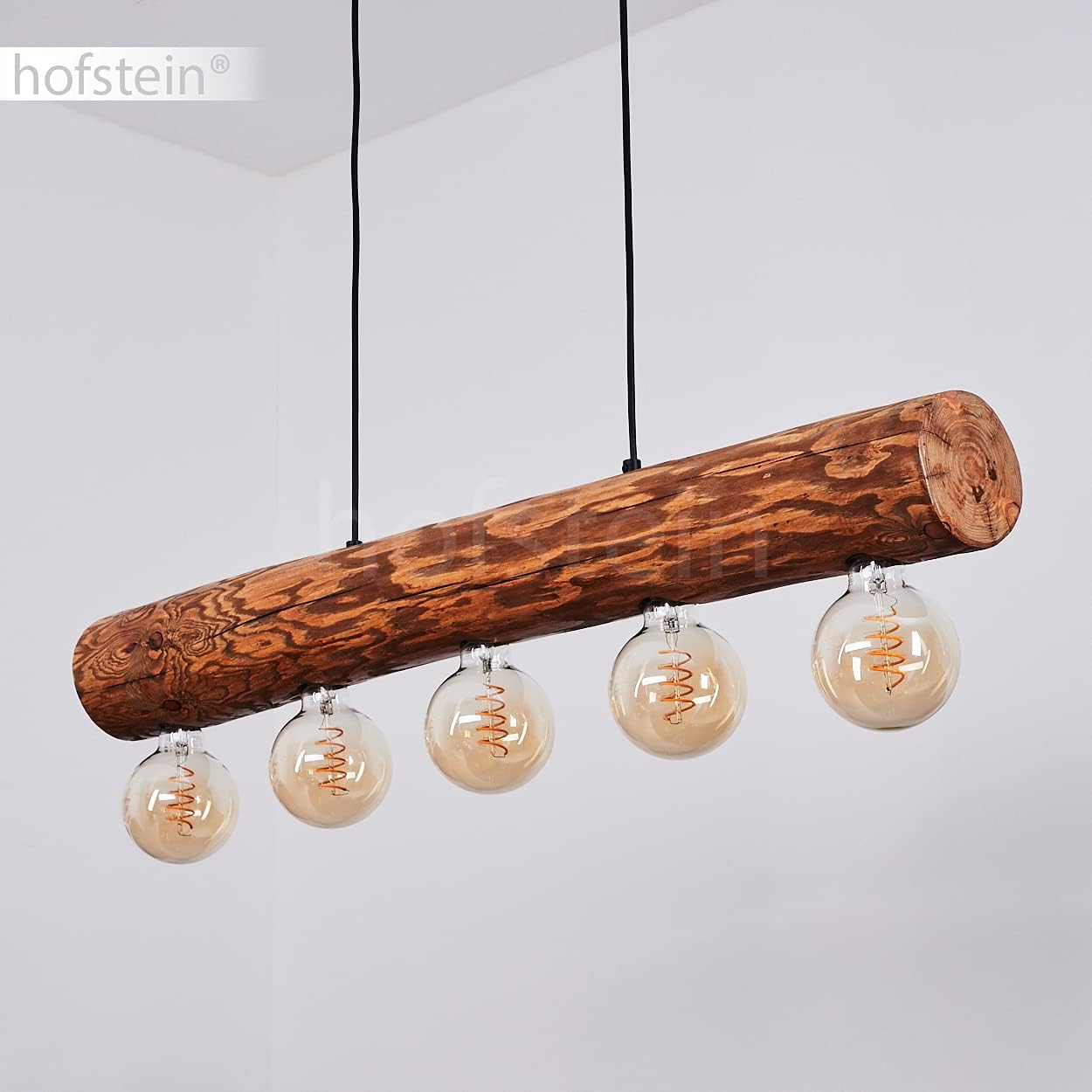HOFSTEIN Hängeleuchte Canedo, 5-flammige Hängelampe aus Metall/Holz in Schwarz/Natur im skandinavischen Design, Pendelleuchte m. Holzstab u. Fassungen aus Metall, 5 x E27, ohne Leuchtmittel
