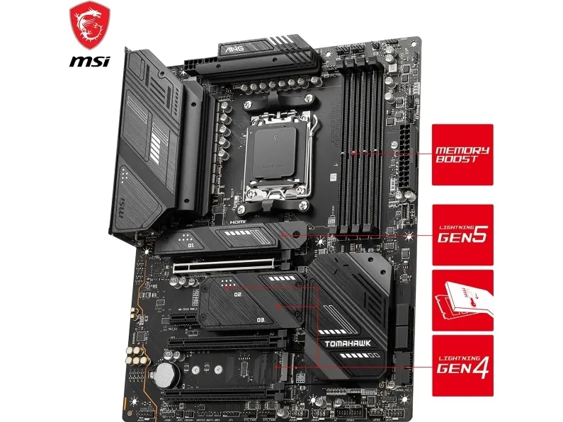 [OUTLET] - MSI MAG X670E TOMAHAWK WIFI - Bundkort - ATX - Socket AM5 - AMD X670 Chipset - USB 3.2 Gen 1, USB 3.2 Gen 2, USB-C Gen 2x2, USB-C 3.2 Gen2 - 2.5 Gigabit LAN, Wi-Fi 6, Bluetooth - onboard grafik (CPU påkrævet) - HD Audio (8-kanaler)