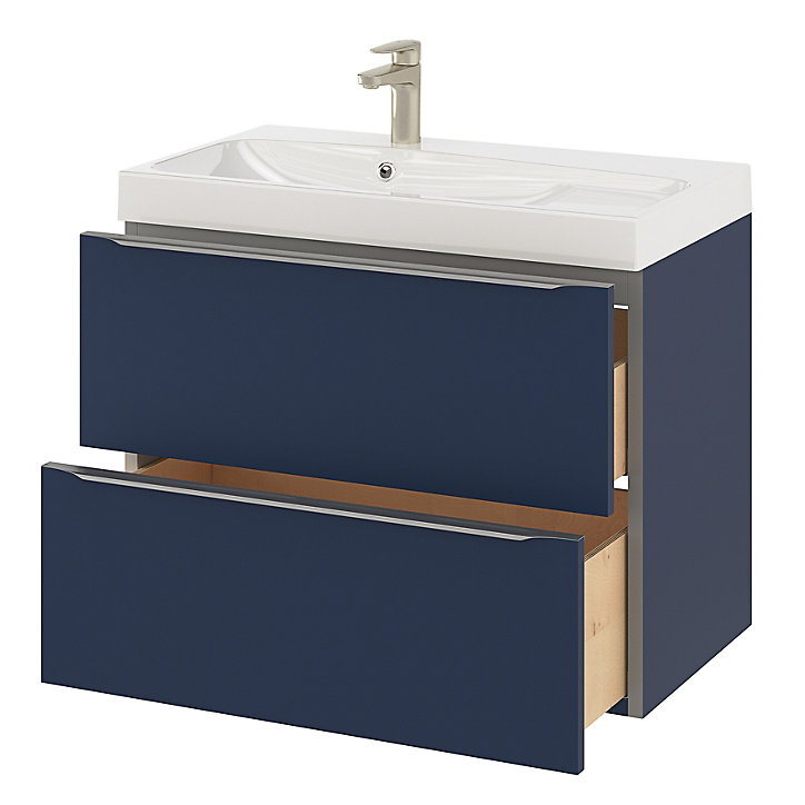 Ensemble salle de bains l.80 cm meuble à suspendre Imandra bleu nuit mat + plan vasque résine blanc