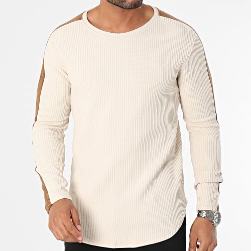 Sweat Crewneck A Bandes Beige Marron