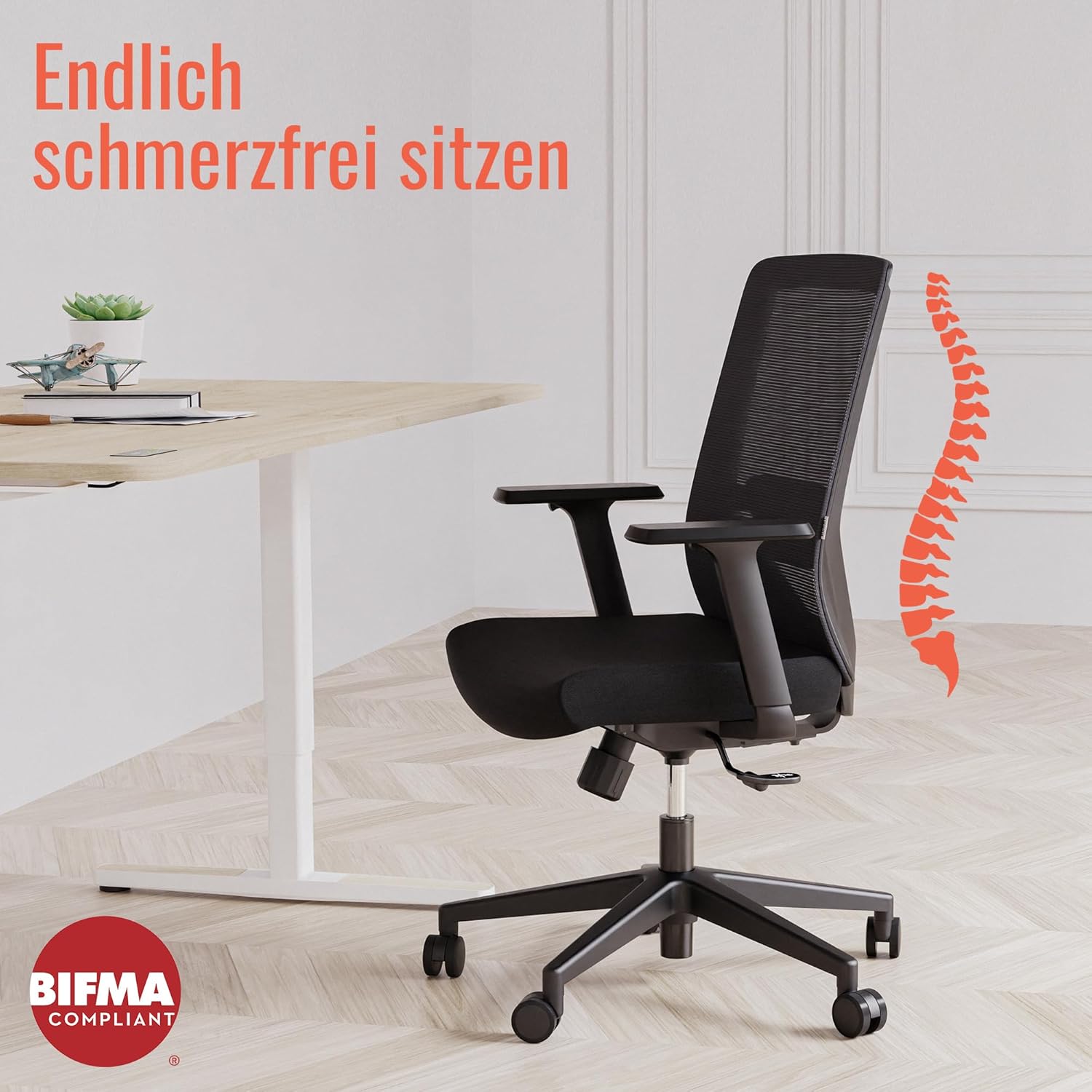 Yaasa Chair Lite Bürostuhl Ergonomisch Schwarz – Schreibtischstuhl mit Lordosenstütze & 1D-Armlehnen – Drehstuhl mit stufenlos einstellbarem Rückenlehnen-Widerstand – Home Office & Büro – 120kg
