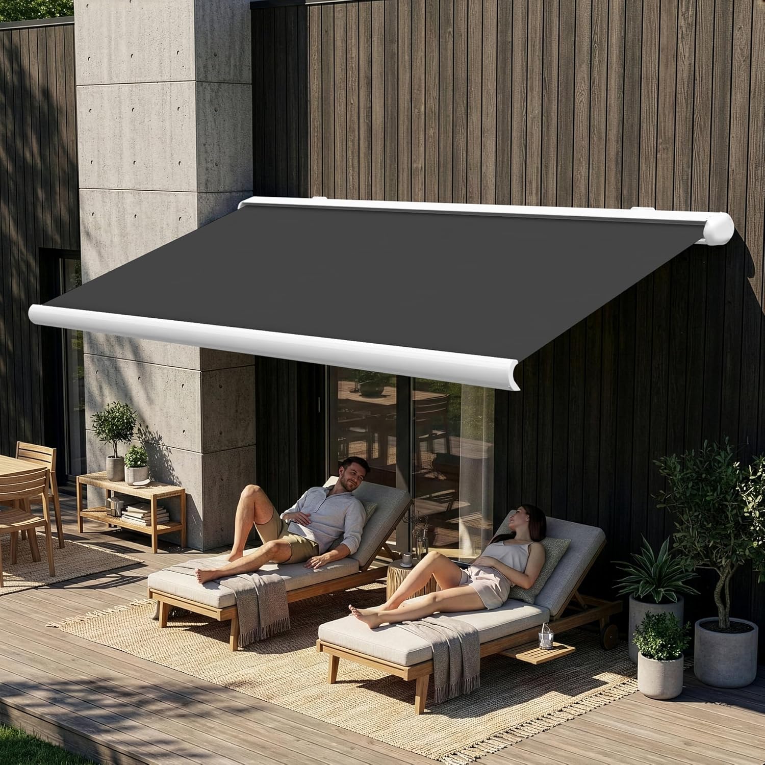 Eclipse Vollkassettenmarkise Premium elektrisch 2,5x2m Markise Balkon Terrassenüberdachung Kassettenmarkise Gelenkarm Polyacryltuch UV-Schutz 50+ Smarthome-fähiger Dooya Motor, Markisentuch: Grau