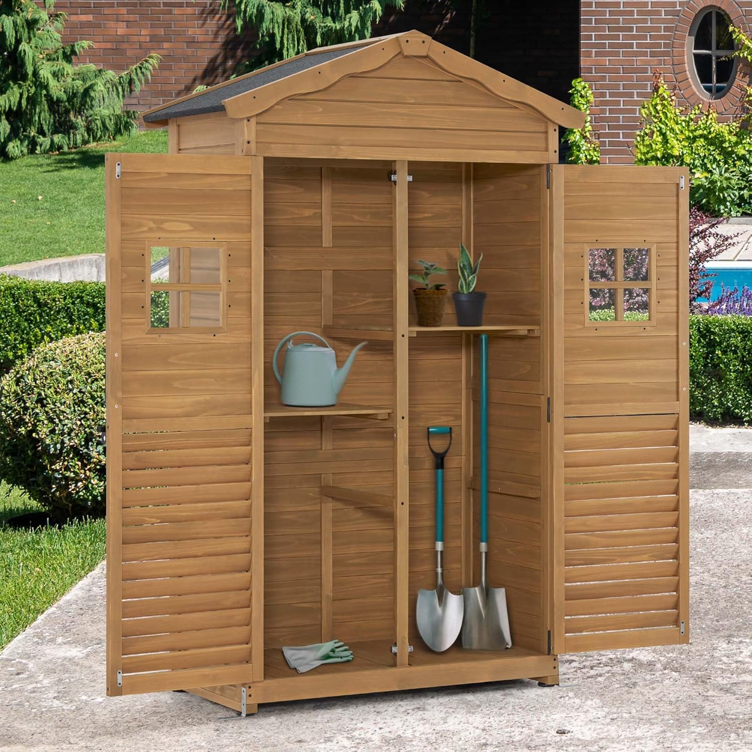 M MCombo Gartenschrank Gartenhaus Holz Wetterfest, Geräteschrank Gerätehaus Outdoor, für Außenbereich Garten Terrasse, Geräteschuppen mit 2 Bewegliche Regale, 57×109×180 cm, 1152 (Natur)