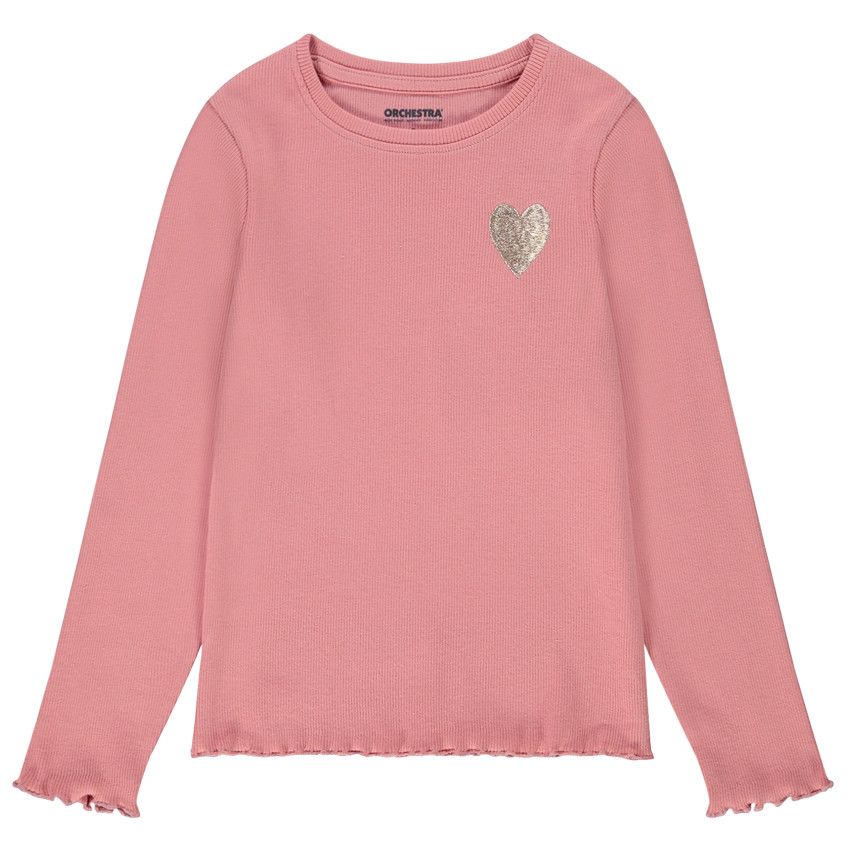 T-shirt manches longues en rib broderie coeur pour fille - Multicolore
