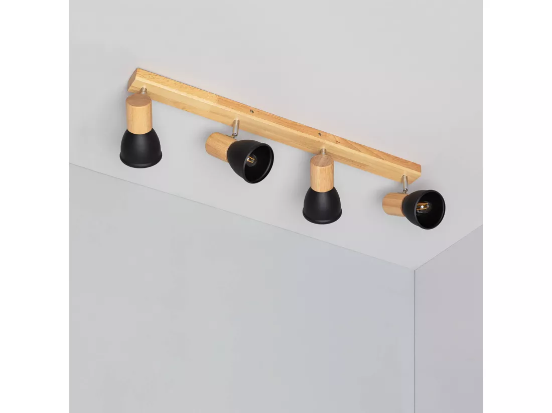 Plafonnier Métal et Bois Tautau 4 Spots Noir