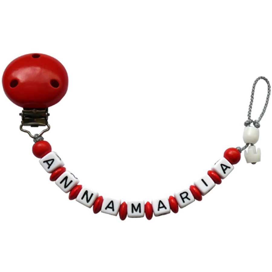 Schnullireich Schnullerkette mit Namen bis 9 Buchstaben (Lange Namen) Rot