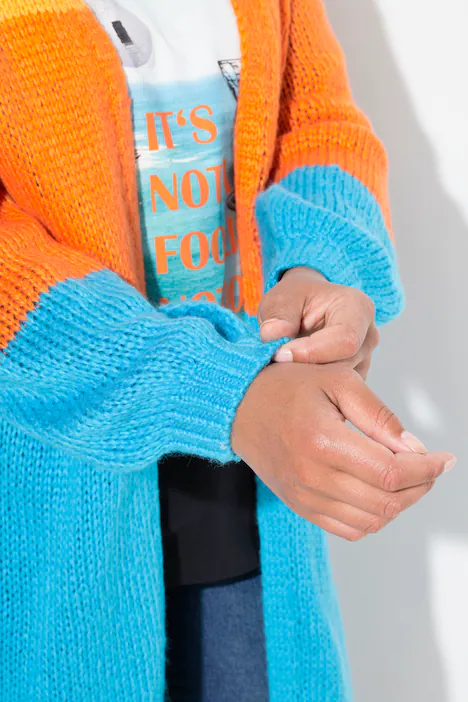 Strickjacke, langer Straight Fit, Blockstreifen, mineralblau