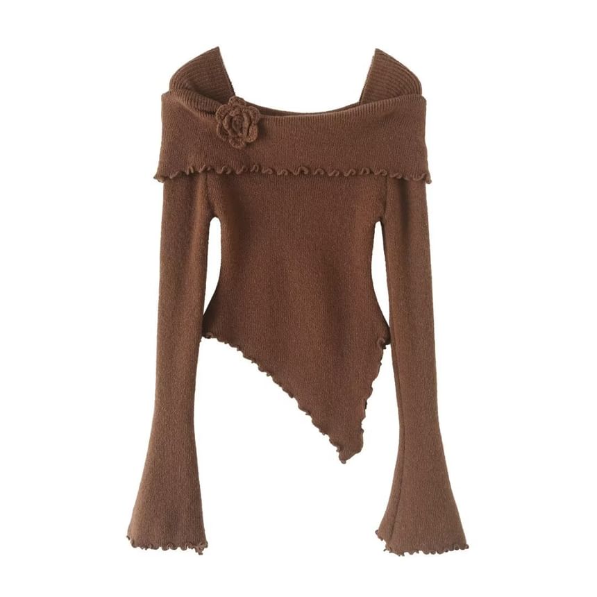 Webeisque - Lange mouw off-shoulder 3D-bloem effen asymmetrische gebreide top met zoom en gerimpelde rand