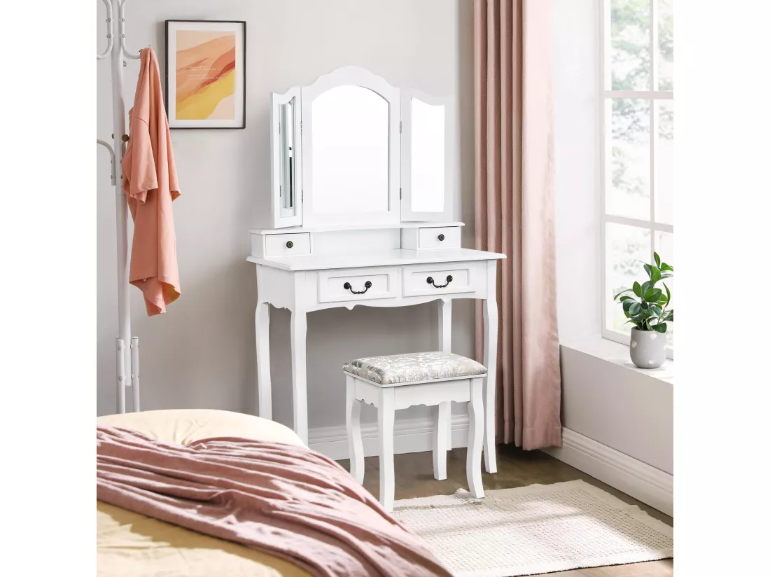 Coiffeuse multifonctionnelle + tabouret, trois miroirs, avec quatre tiroirs, MDF, blanc