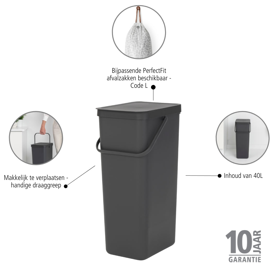 Brabantia Sort & Go Afvalemmer 40 L - Donkergrijs