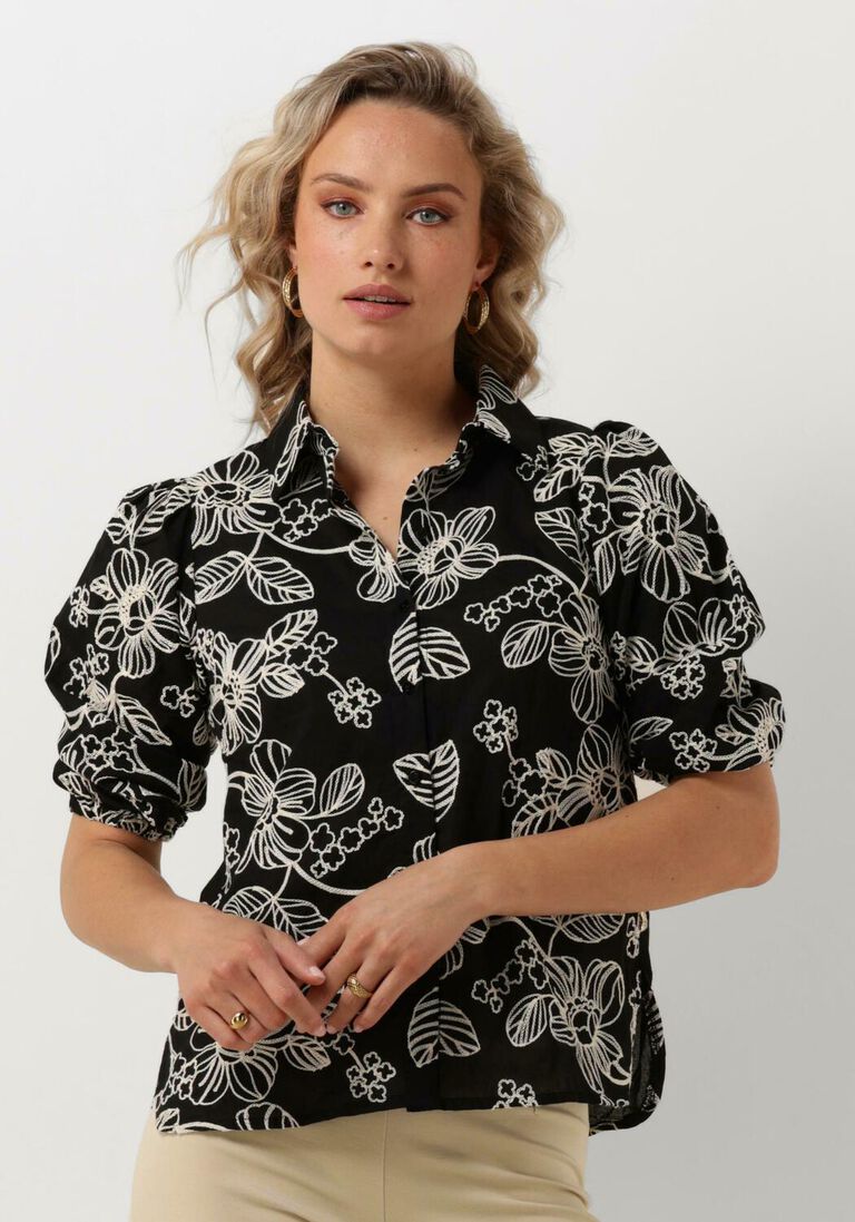 JANSEN AMSTERDAM zwarte jansen amsterdam blouse wge722 embroidered blouse 3/4 puffed sleeve