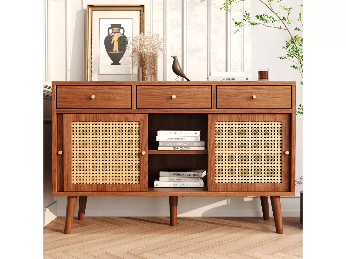Buffet avec 3 portes coulissantes et 3 tiroirs en MDF - effet rotin - coloris noyer