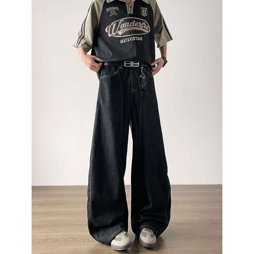 Filmas - Mid Rise Contrast Stitched Washed Wide Leg Jeans