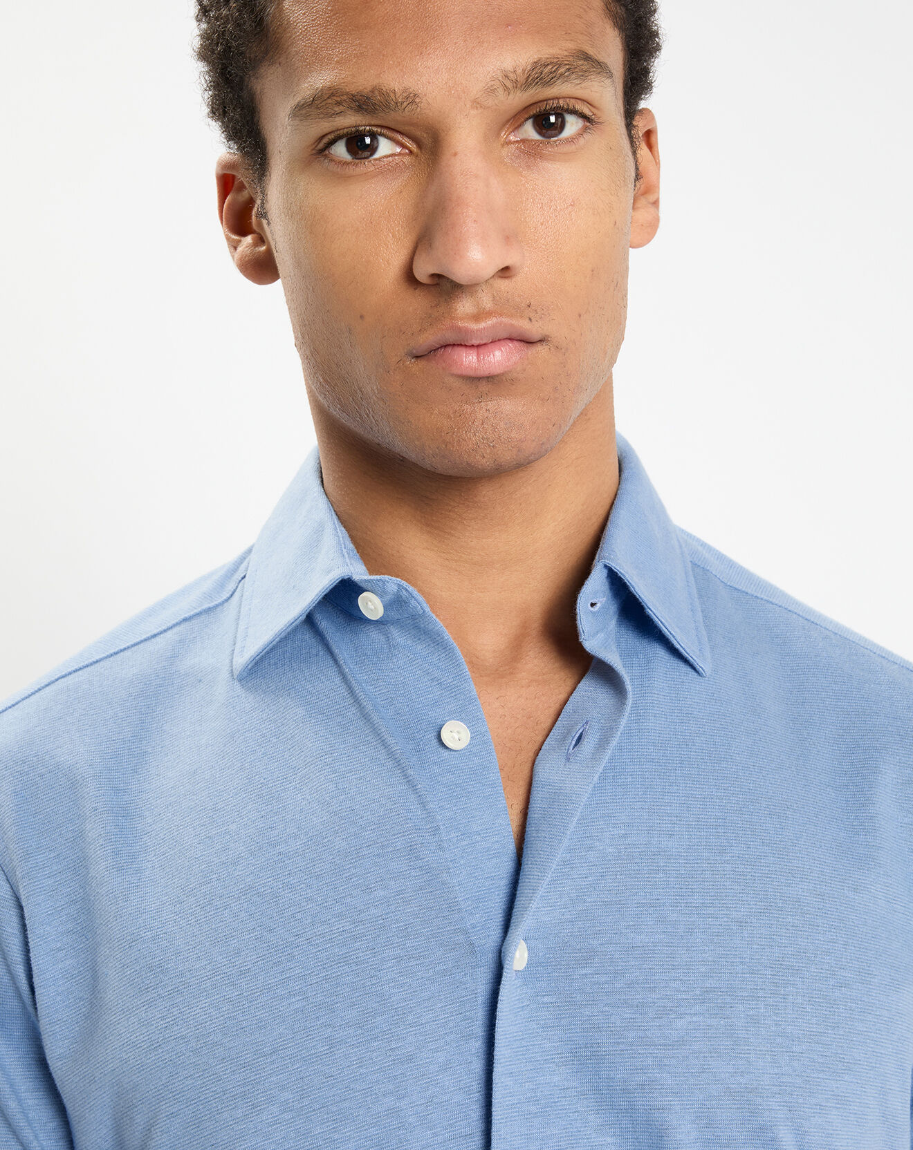 Hackett London Chemise en Lin & Coton Slim Fit manches courtes Tricot bleu moyen