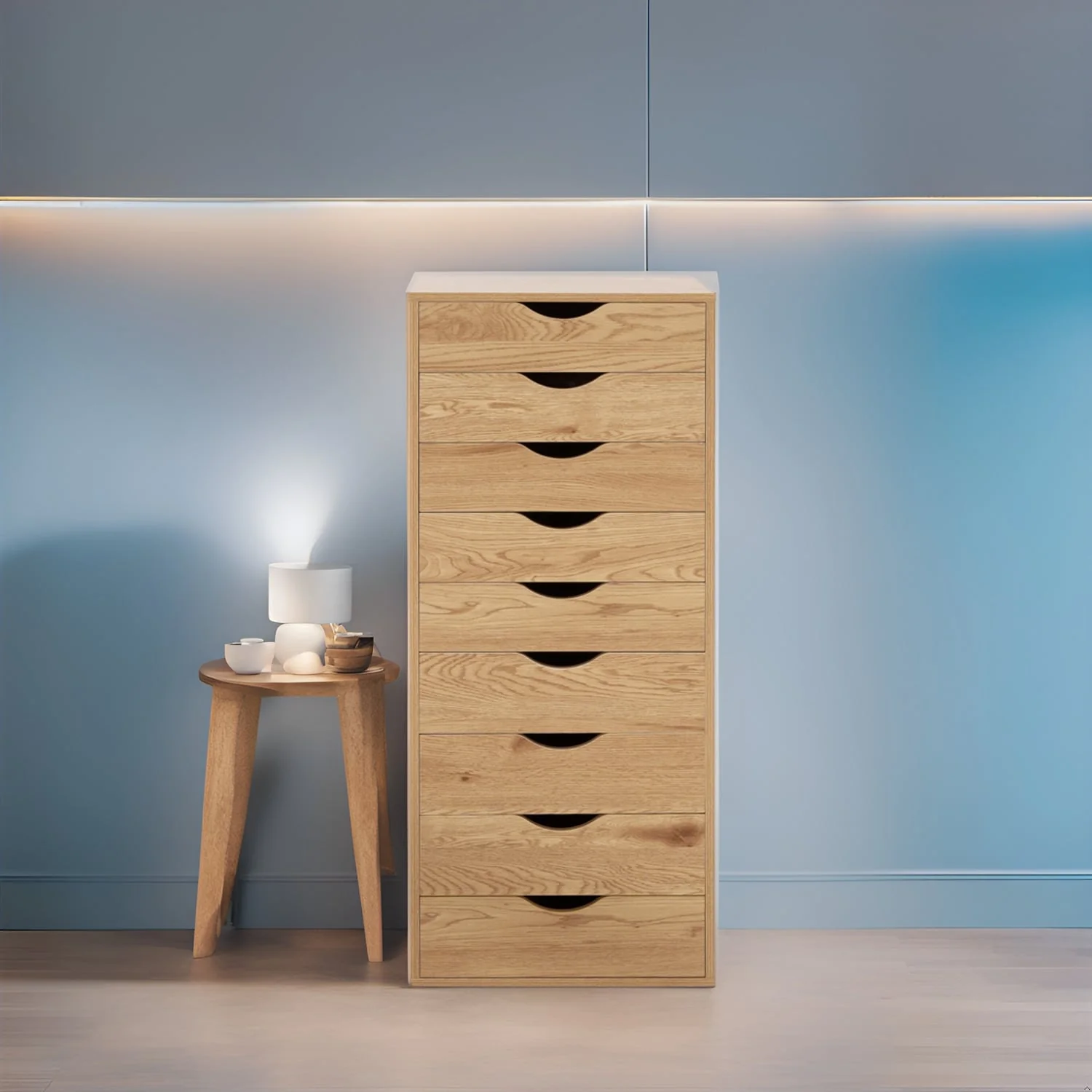 Narrow Wooden 9-Drawer Cabinet with Smooth-Glide Drawers and Top Storage Shelf