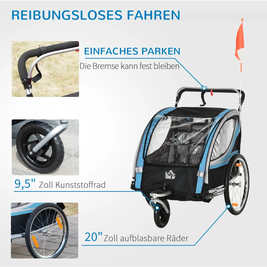 HOMCOM Kinderfahrradanhänger mit Aufbewahrungstasche blau, grau, schwarz, silber
